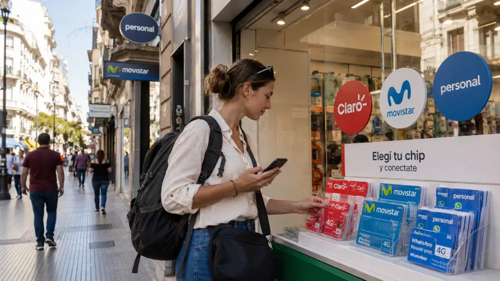 Viaggiatore che confronta SIM card turistiche prepagate locali nei negozi degli operatori mobili in Argentina.