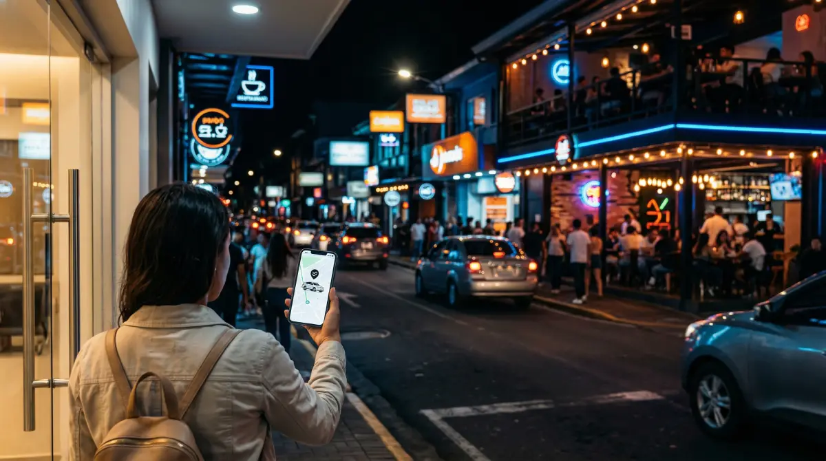 Un turista preparado pidiendo con confianza un servicio de transporte verificado en el moderno distrito gastronómico de Barrio Escalante, San José, Costa Rica.