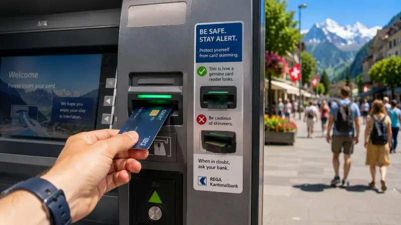 A close-up bright photograph of a hand inserting a card into a Swiss ATM that has an official bank warning sticker about fraud prevention.