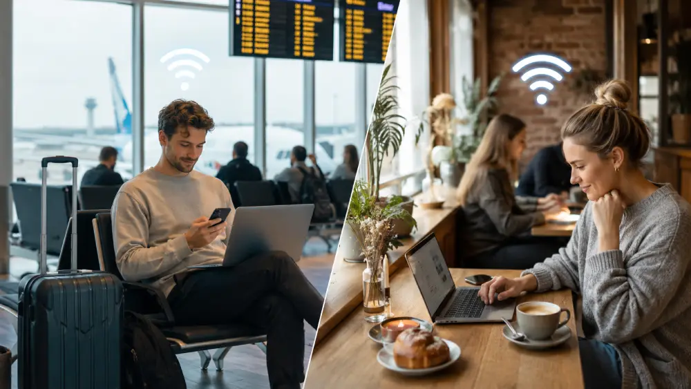 Traveler using free WiFi at Copenhagen Airport and in a Danish café.