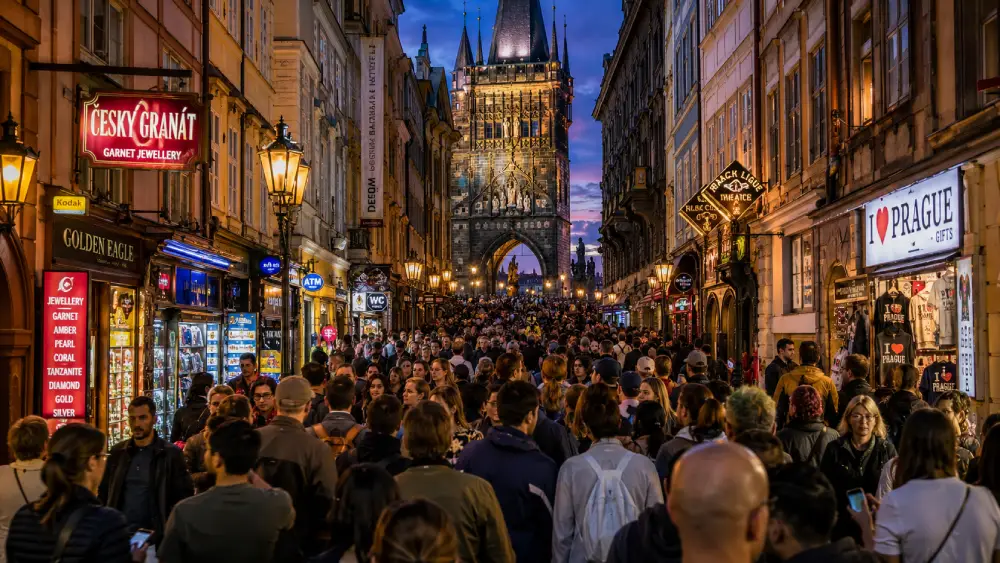 A crowded narrow street (Karlova Street) in Prague, known as a high-risk area for pickpocketing.