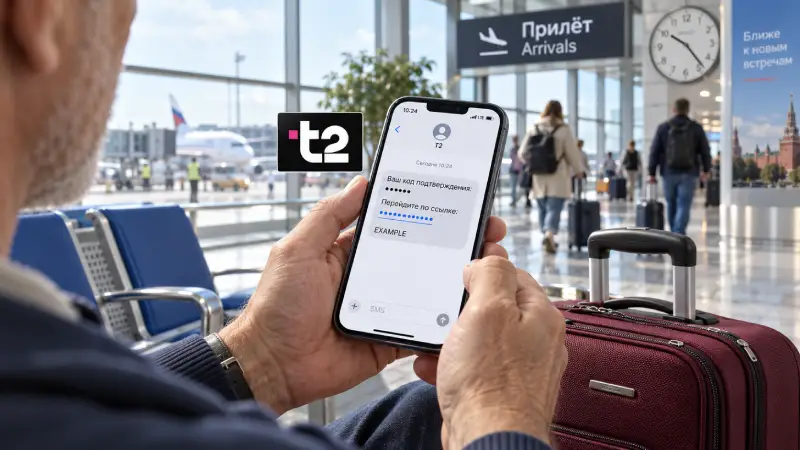 Ilustratīvs operatora verifikācijas ziņojums ceļotāja tālrunī gaišā lidostas uzgaidāmajā zonā ar T2 logotipa ielaidumu.