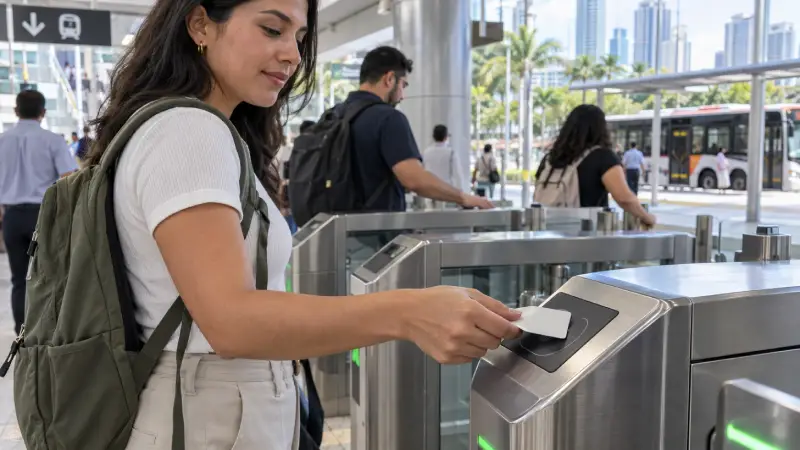 Traveler using a reloadable card at a Panama City metro gate, with a city bus in a separate background layer.