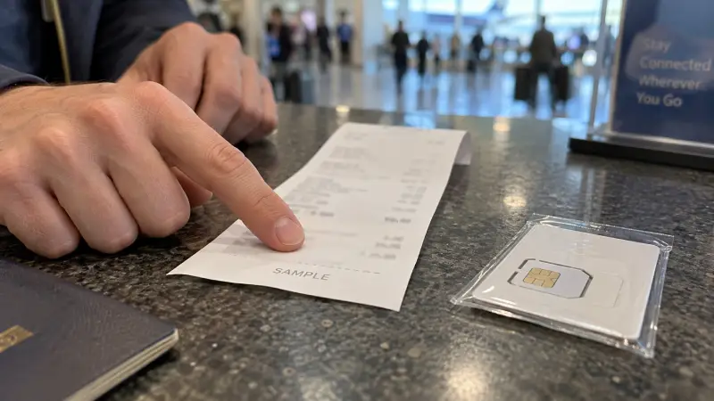 Illustrative SIM purchase detail showing a sample receipt being checked beside an unbranded starter pack.