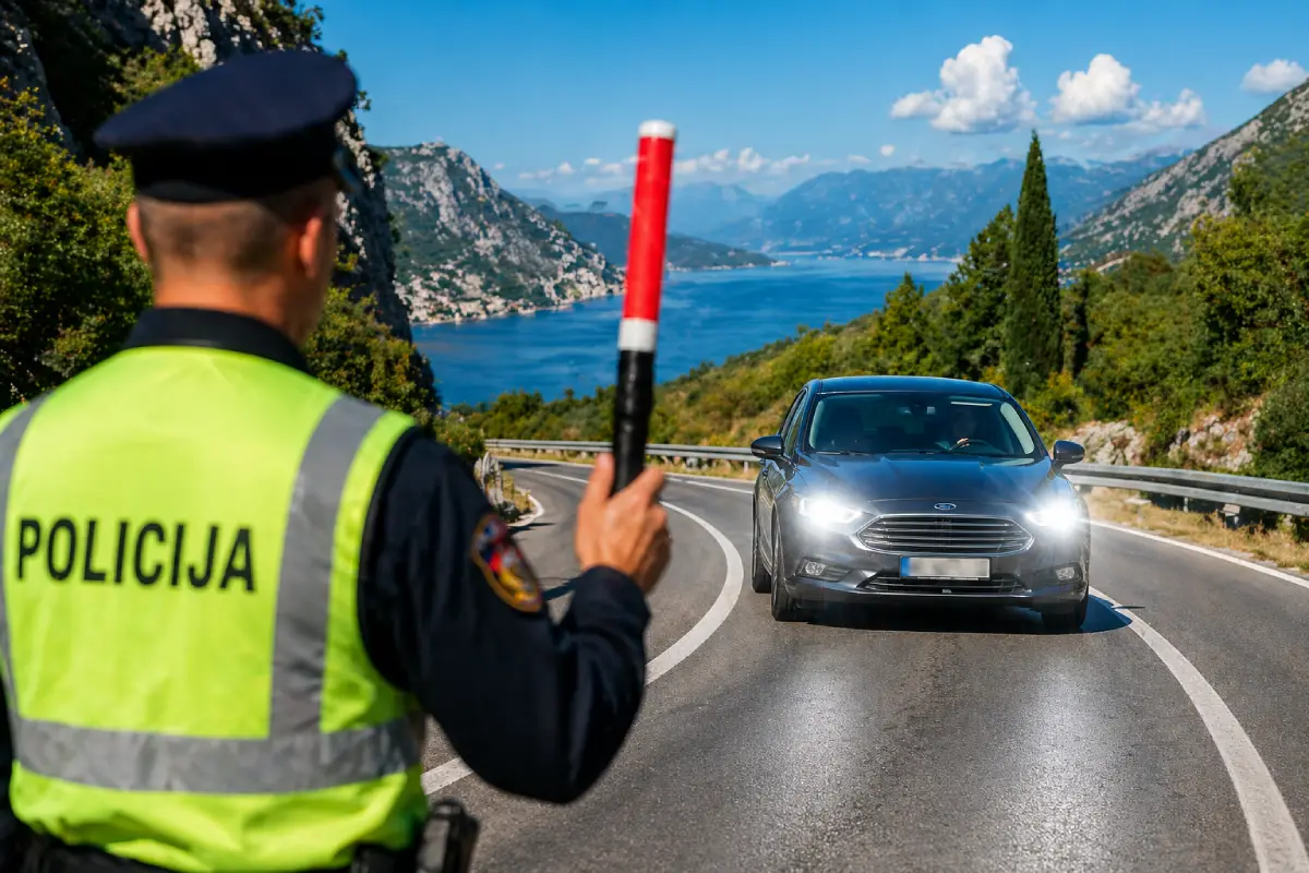 Car driving with daytime headlights on a sunny Montenegrin mountain road near a police checkpoint.