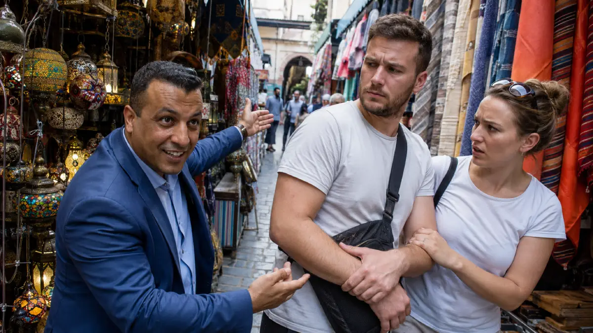 Una guida locale che mette in atto una truffa nella trafficata Medina di Tunisi.