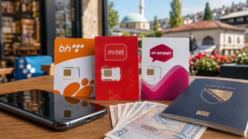 Tourist SIM cards from Bosnia and Herzegovina mobile operators beside a smartphone and passport.