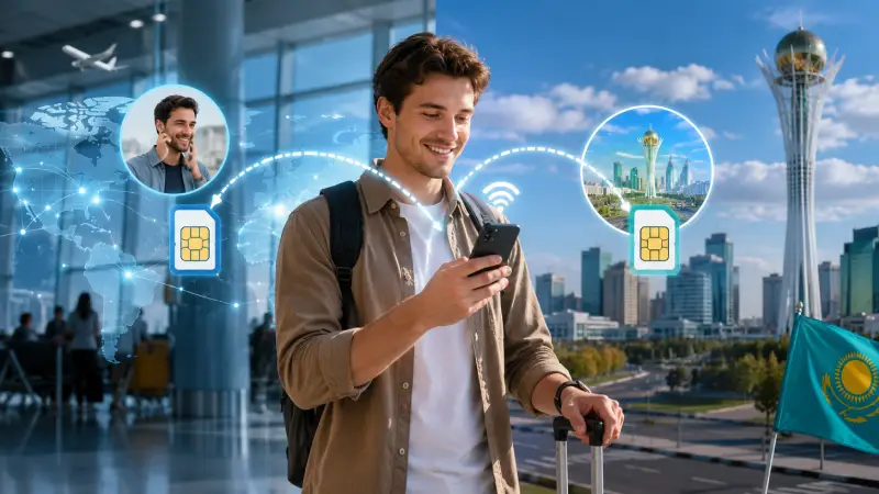 A traveler using international roaming on a home mobile plan while visiting Kazakhstan.