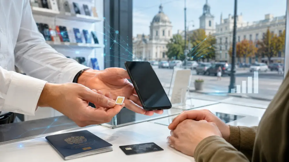 Viaggiatore che acquista una SIM card locale in un negozio mobile in Moldova.