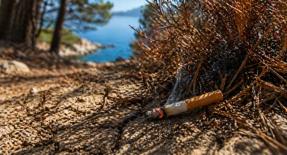 Smoldering cigarette butt dropped dangerously near dry Mediterranean brush and pine trees in Montenegro.