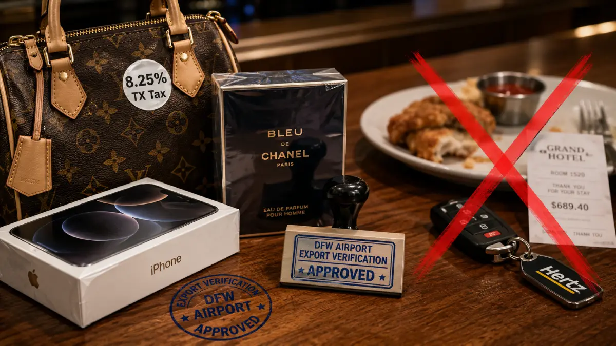 Una imagen de still-life enfocada que separa bienes de exportación elegibles (nuevos bolsos, electrónica, perfumes con etiquetas de impuestos) de artículos no elegibles (comida medio comida, llaves de alquiler, recibos de hotel), mostrados sobre una superficie de madera.