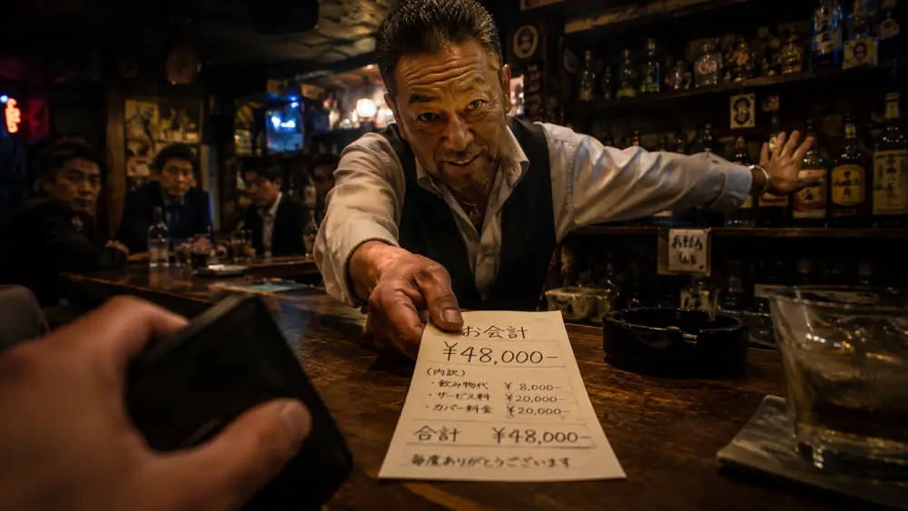Uma imagem em POV de alta tensão dentro de um bar mal iluminado em Shinjuku, mostrando um proprietário suspeito apresentando a um turista uma conta inesperadamente alta.