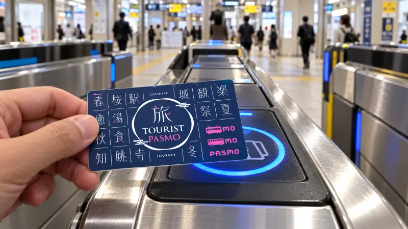 Traveller holding a TOURIST PASMO card above an IC reader at a Japanese railway station gate.