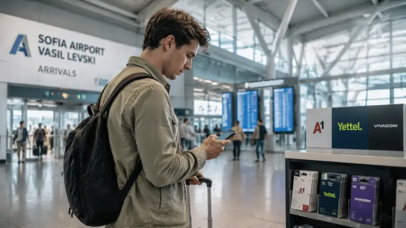 Utazó, aki a bulgáriai Szófia repülőterére érkezés után ellenőrzi a mobilkapcsolatot.
