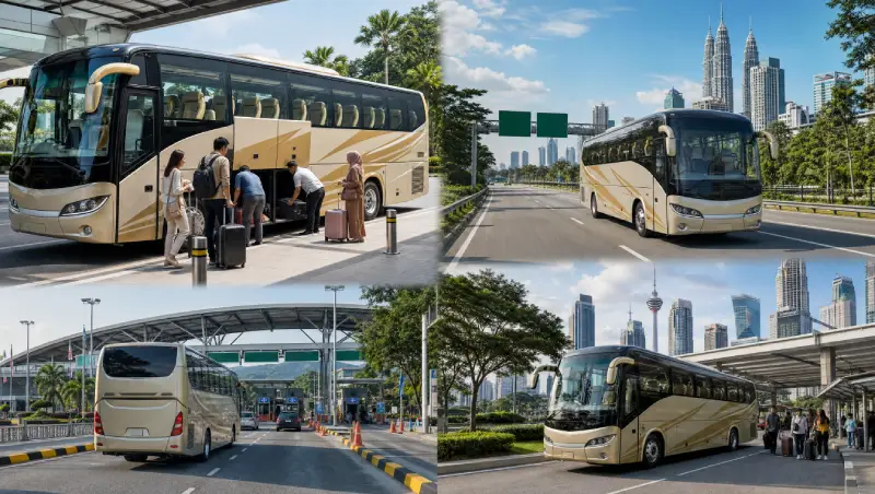 Grenzüberschreitender Reisebus mit Reisenden und Gepäck von Singapur in Richtung Kuala Lumpur.