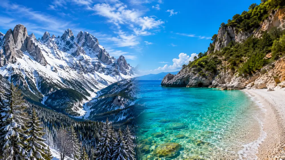 A contrasting landscape photograph showing Albania's snow-capped mountain peaks alongside its sunny Mediterranean coastline.