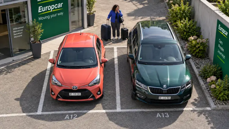 verhead view of a traveller comparing a compact hatchback and an estate car with her luggage beside them.