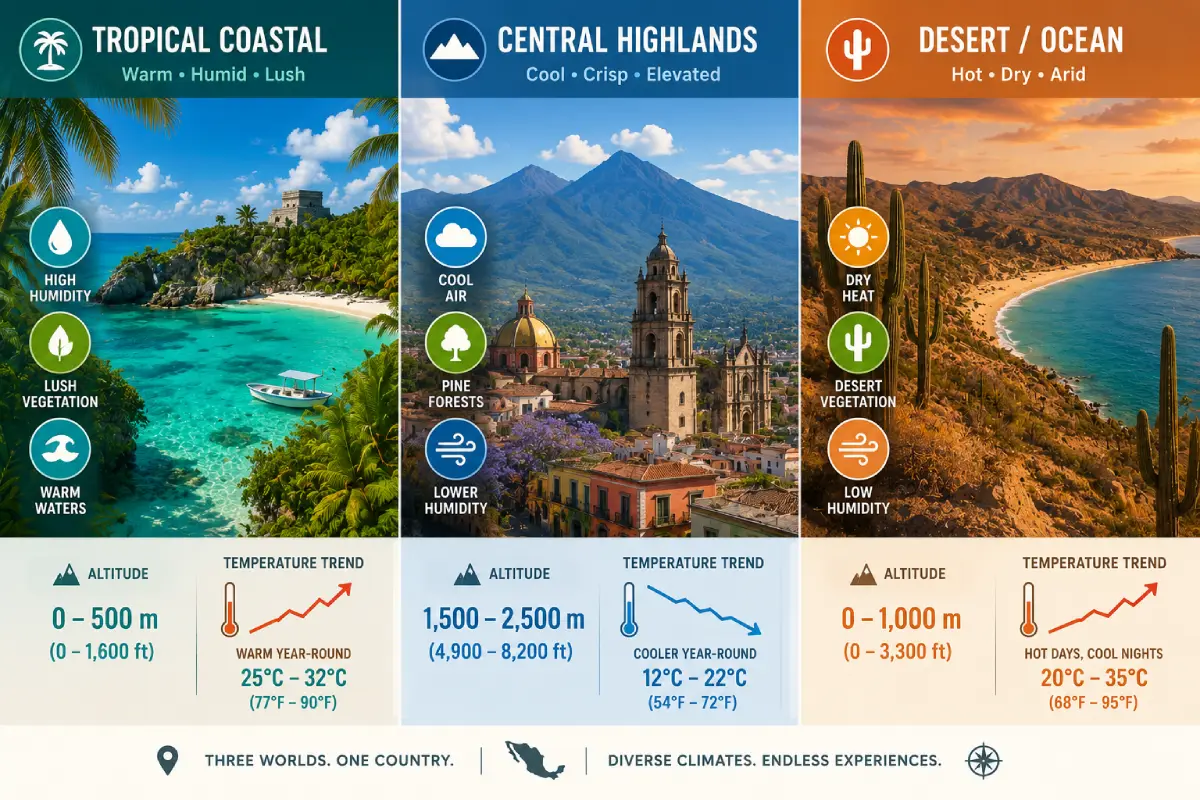 Een infographic illustratie die drie verschillende Mexicaanse regio's toont: een vochtige tropische kustlijn, koele bergachtige centrale hooglanden en een droge woestijnlandschap, met iconen die hun microklimaten en geografie aangeven.