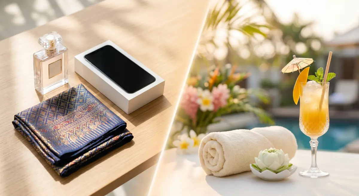 Eine nebeneinanderstehende visuelle Darstellung von berechtigten steuerfreien Einkaufsartikeln wie Elektronik und Kosmetik im Vergleich zu nicht berechtigten Dienstleistungen wie Spa-Behandlungen und Getränken.