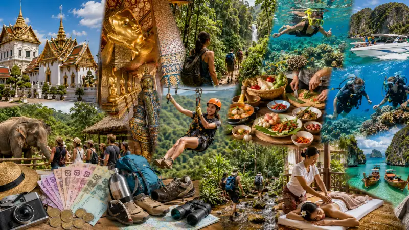 Popular Thailand activities including temples, national parks, snorkeling, diving, cooking classes, zip-lining, elephant sanctuaries, and massage.