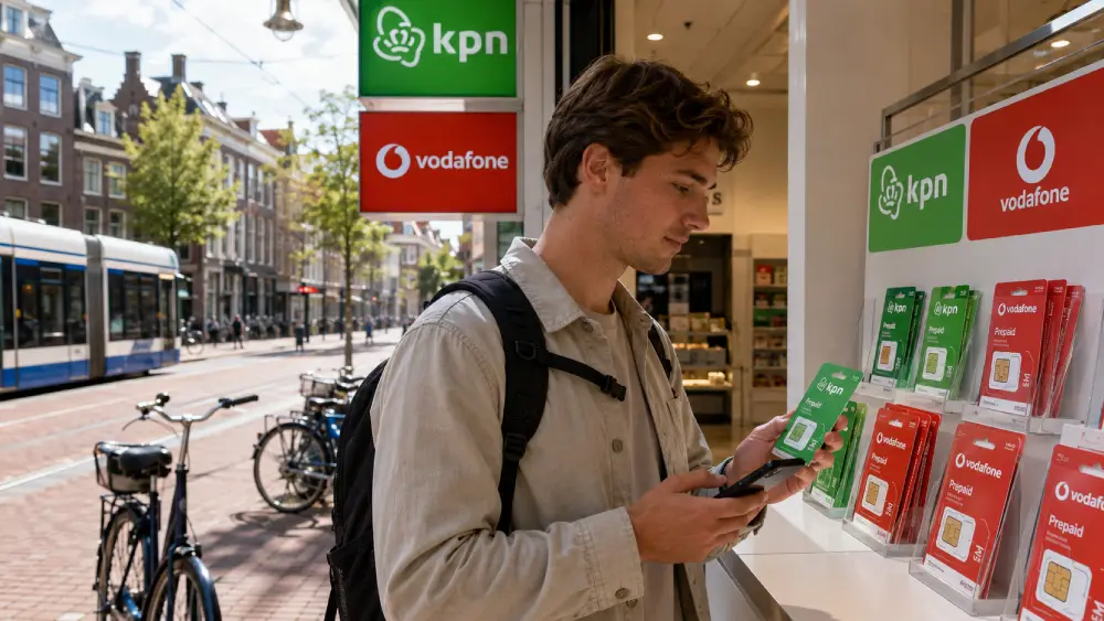 Local prepaid SIM card shopping scene in the Netherlands with Dutch mobile operator presence.