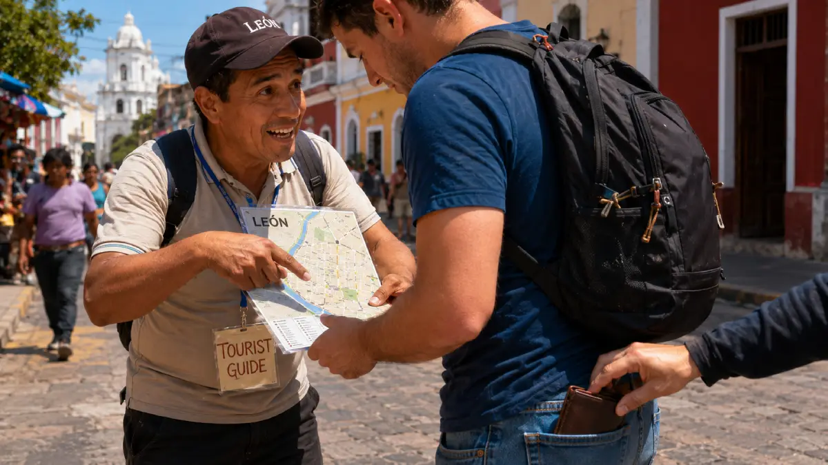 A vivid, daytime photograph from Le&oacute;n showing a fake tour guide distracting a tourist with a map while an accomplice secretly attempts to steal a wallet from the tourist's back pocket.