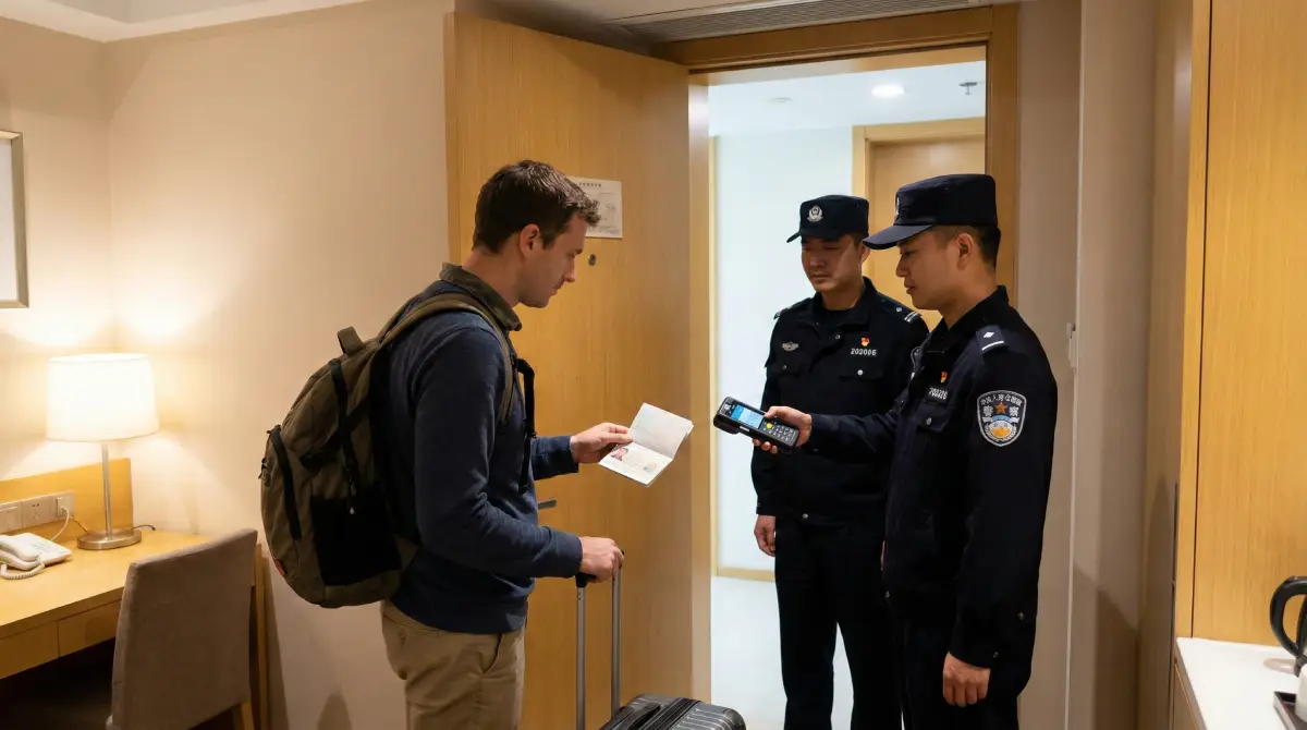 Chinese police officers checking a tourist's passport at a hotel room door for routine registration.