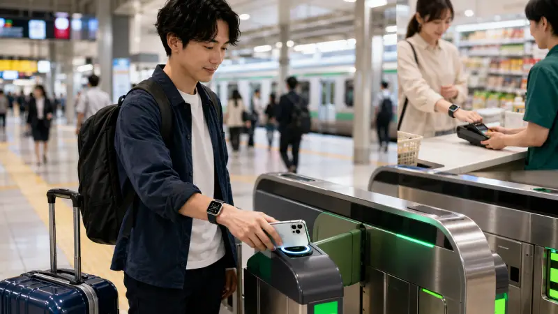 traveler taps an iPhone at a Japanese train gate to use a digital transit card.
