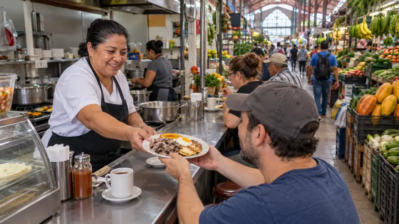 Visitante recebendo gallo pinto no balcão de uma soda dentro do Mercado Central de San Jos&eacute;&rsquo;.