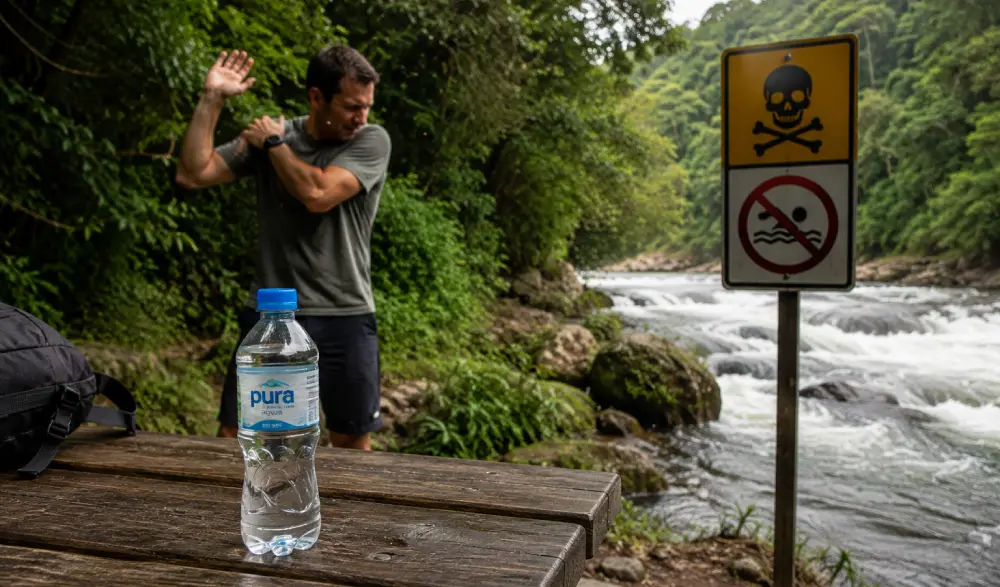 Una imagen combinada que muestra una botella de agua pura, una persona reaccionando a un mosquito y un cartel de advertencia de río, destacando los riesgos ambientales para la salud en Paraguay.