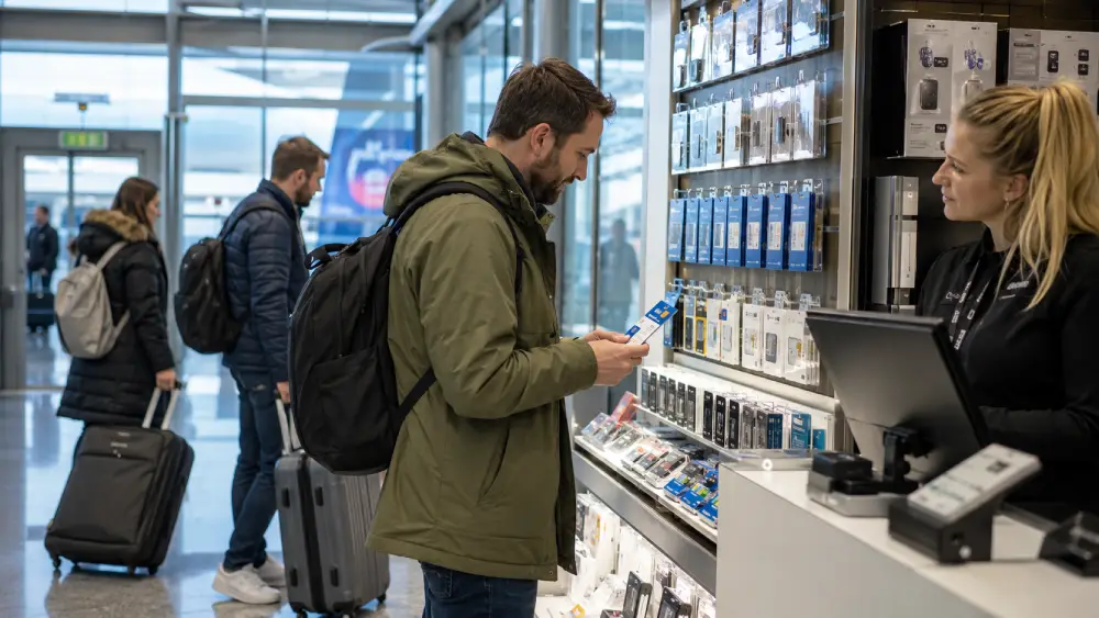 Travelers browsing SIM card options at a retail area inside Keflavík Airport after landing in Iceland.