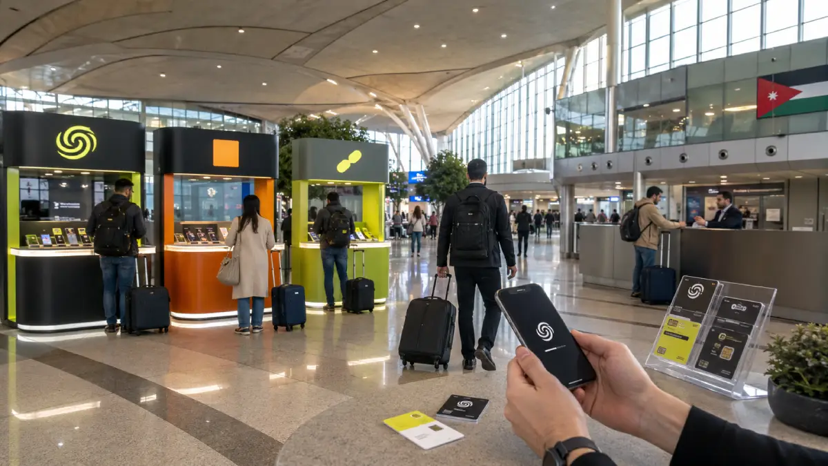 irport SIM card counters in Jordan with local mobile operators and traveler phone activation.