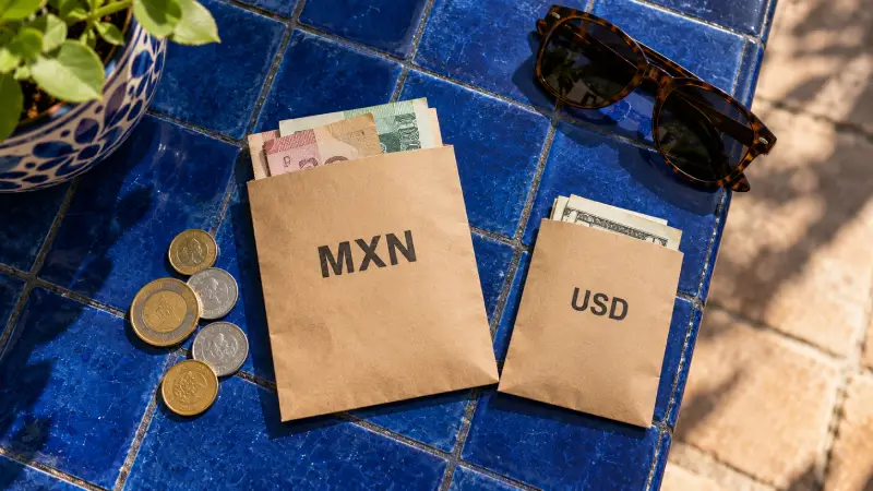 Editorial still life of separate MXN and USD currency sleeves on blue tiles.