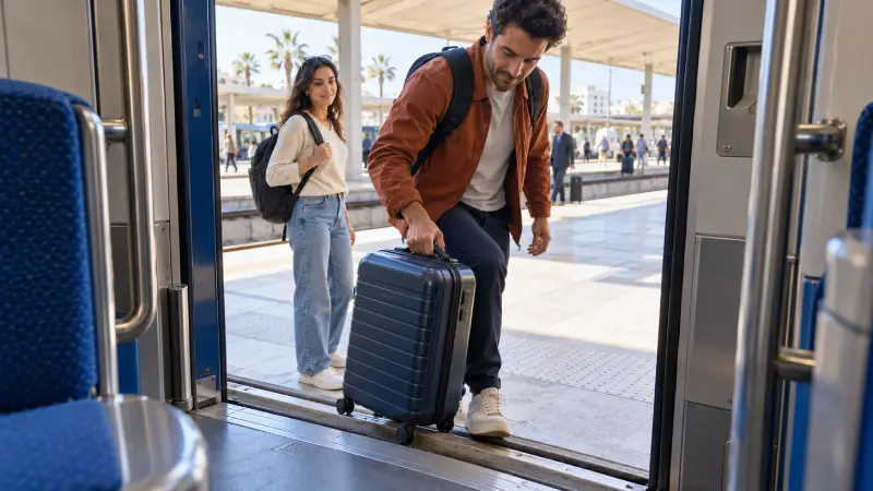 Casablanca rail-transfer scene with a traveler lifting a suitcase into a train carriage.