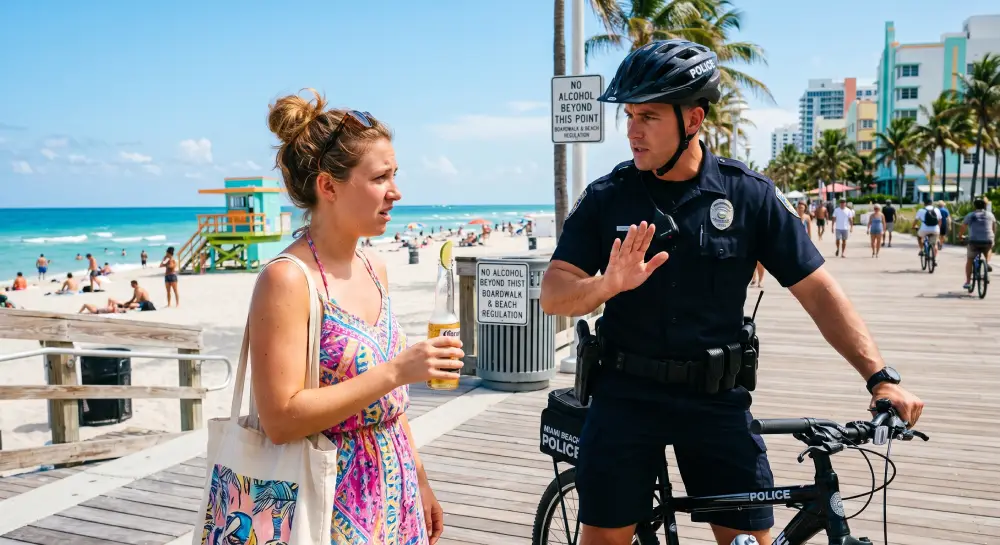 공공 보도에서 열린 맥주병을 들고 있는 관광객이 자전거 경찰관에게 멈춰 서고 있습니다.
