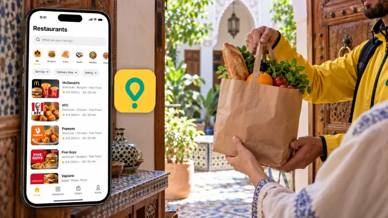 Glovo logo and official restaurant-browsing preview alongside an illustrative grocery handover at a Moroccan riad.