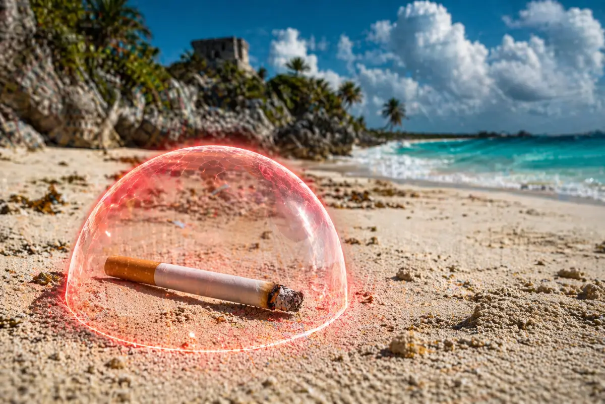 Une cigarette traditionnelle bloquée par une bulle de restriction rouge lumineuse sur une plage mexicaine immaculée.