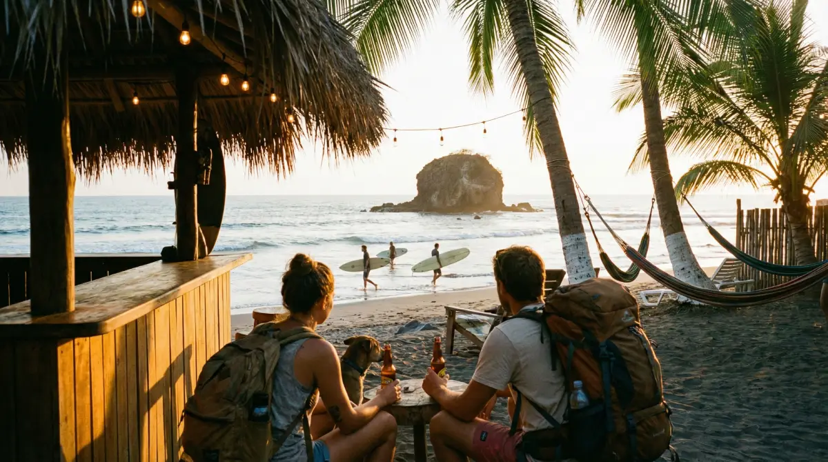 Tourists relaxing and surfers at sunset on the safe beaches of El Tunco, El Salvador.