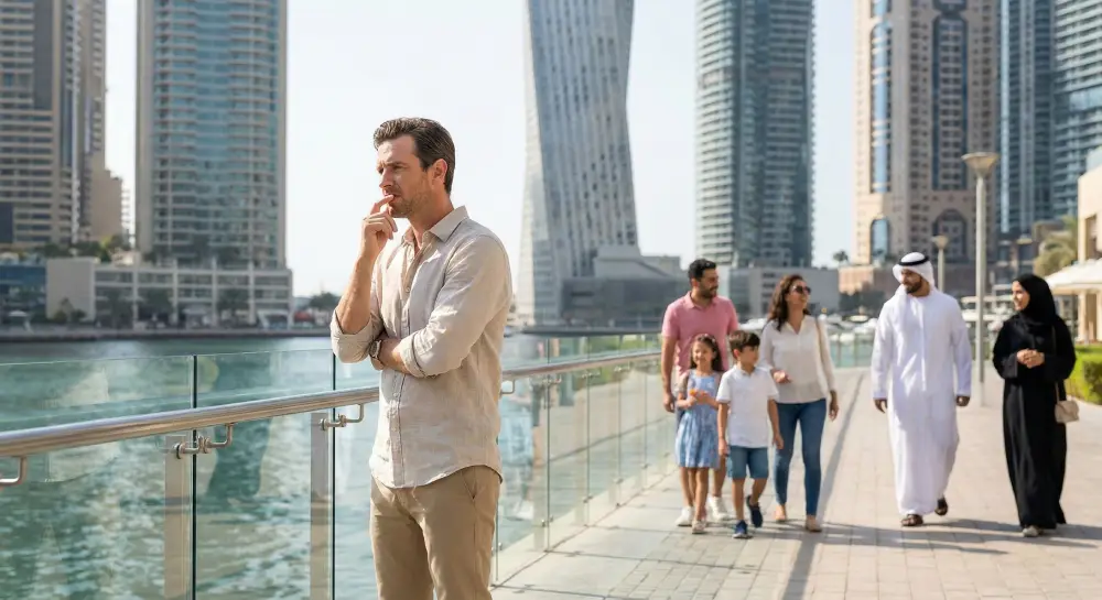 Tourist signaling silence in Dubai Marina, representing strict public decency rules and anti-swearing laws in the UAE