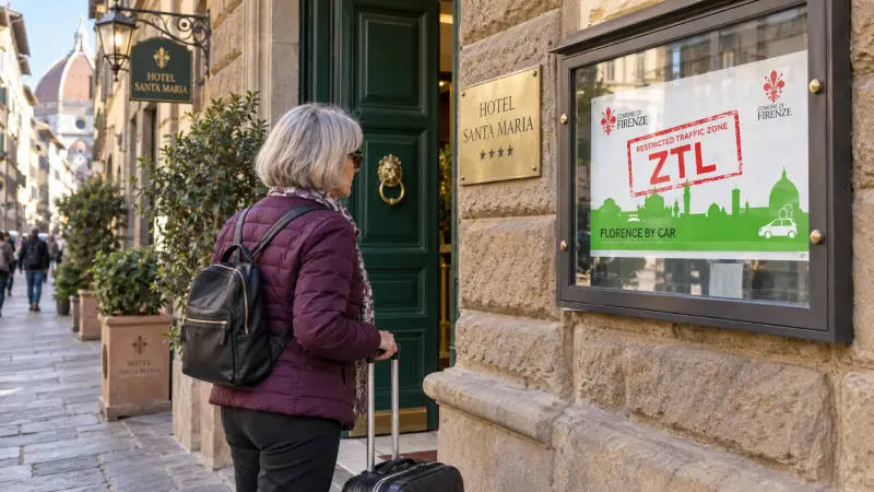 Putnik čita obaveštenje o ZTL zoni u Firenci pored zelenih ulaznih vrata hotela.