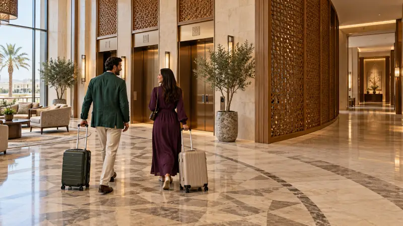 Two adult travel companions walking with luggage through an illustrative Jeddah hotel lobby.