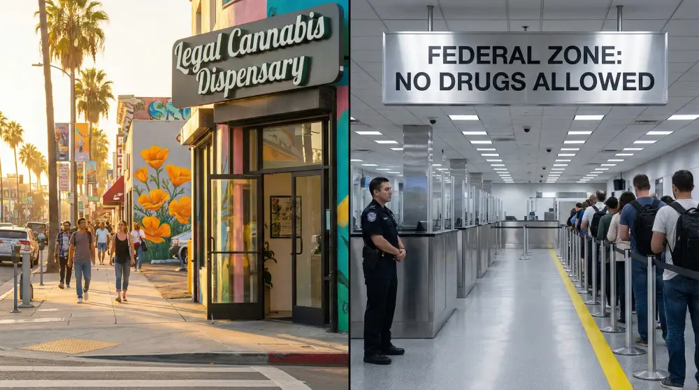 Comparación de dispensarios legales de marihuana en California frente a estrictas prohibiciones federales de drogas en las zonas de aduanas de los aeropuertos de EE. UU.