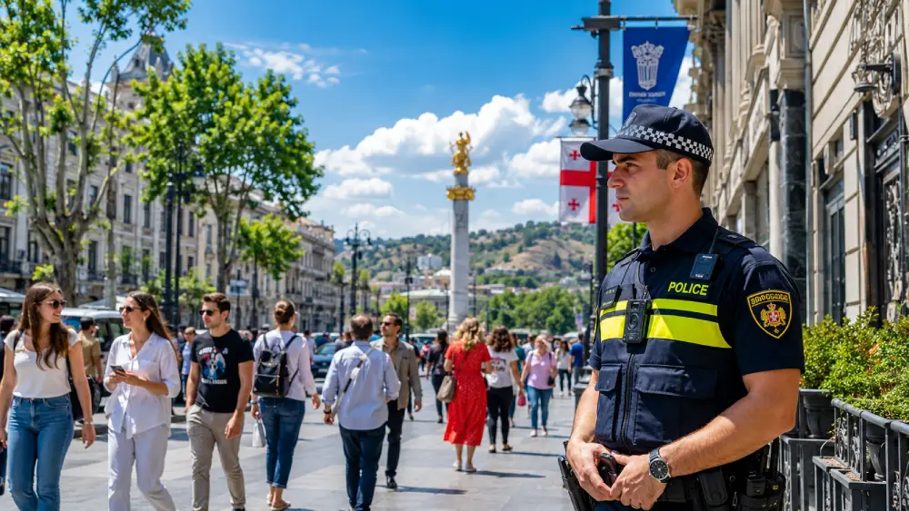 A sunny, peaceful day on Rustaveli Avenue in Tbilisi with tourists walking and a friendly Georgian police officer on duty.