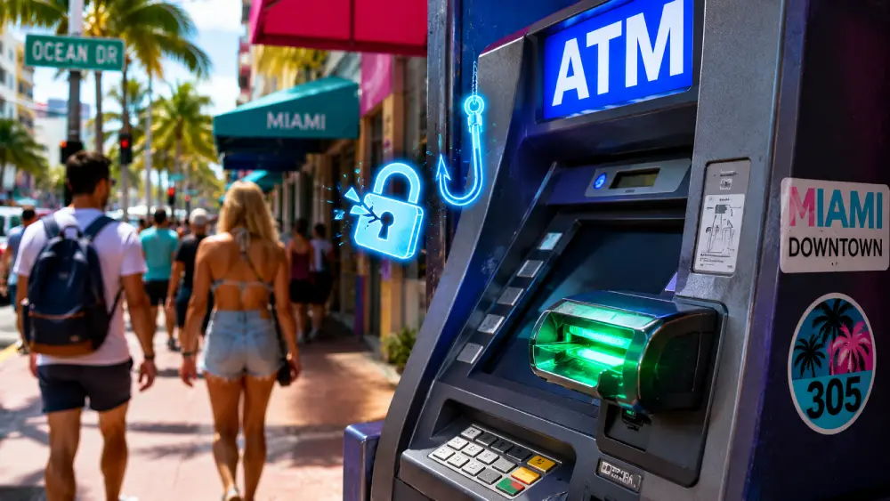 城市街道上一台先进 ATM 侧录设备的特写,形象展示数字化游客骗局的风险。