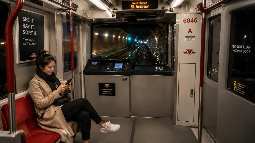 Un passeggero seduto vicino al conducente in una luminosa e pulita carrozza della metropolitana di Toronto di notte.