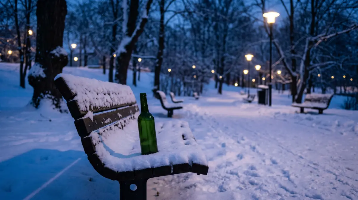 A green glass liquor bottle stands alone on a wooden bench in a snowy and dimly lit Helsinki park.