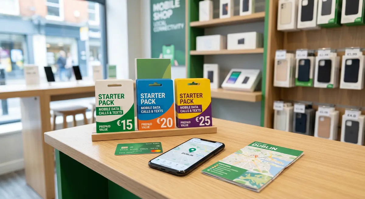 Předplacené turistické SIM karty vystavené v mobilním obchodě v Irsku.