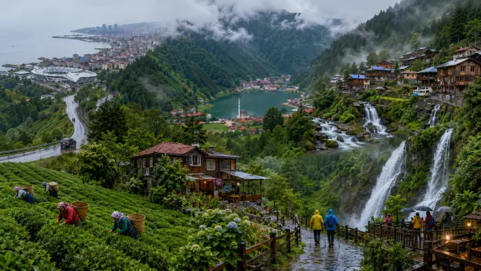 Green Black Sea mountains, Uzungöl, Ayder Plateau, tea fields, waterfalls, and traditional wooden houses.