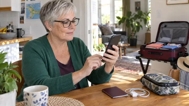 Eine Frau prüft auf einem Smartphone ihren Mobilfunktarif, während sie vor der Abreise einen Koffer packt.
