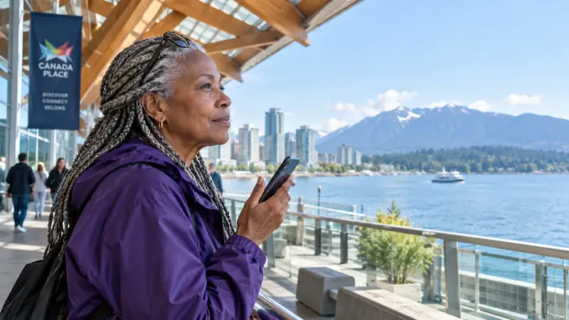 Visitor lowering her phone beneath a waterfront canopy in Vancouver.